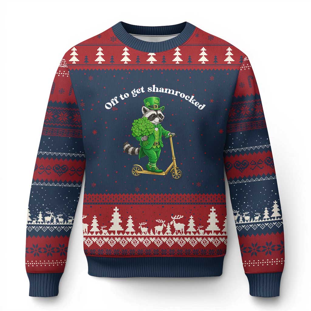 Funny Raccoon St Patricks Day Meme Ugly Christmas Sweater Off To Get Shamrocked TS14 Navy Red Print Your Wear