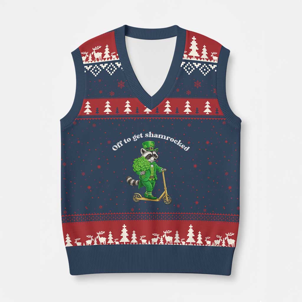 Funny Raccoon St Patricks Day Meme V-Neck Knit Sweater Vest Off To Get Shamrocked TS14 Navy Red Print Your Wear