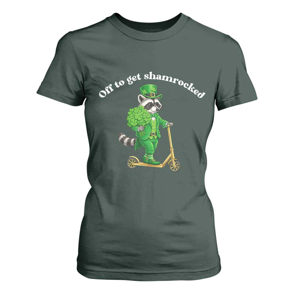 Funny Raccoon St Patricks Day Meme T Shirt For Women Off To Get Shamrocked TS14 Dark Forest Green Print Your Wear
