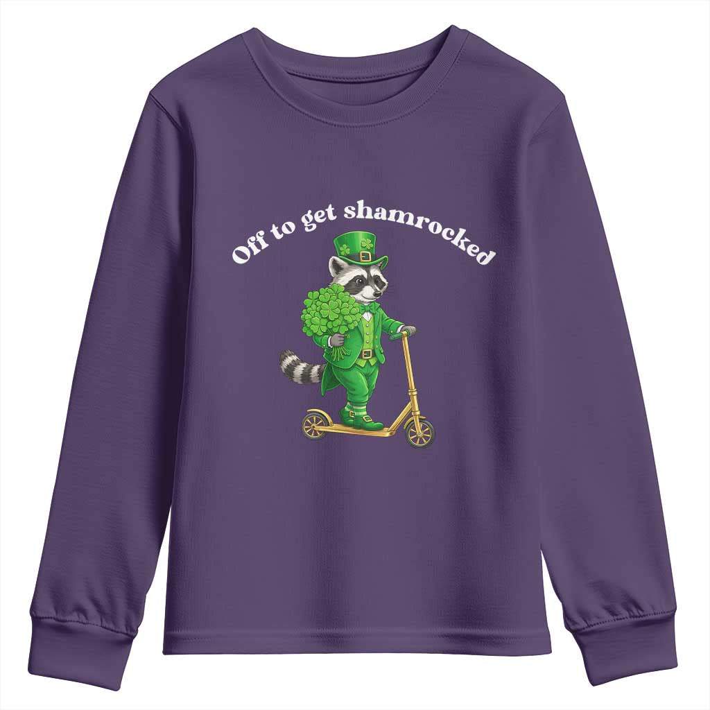 Funny Raccoon St Patricks Day Meme Youth Sweatshirt Off To Get Shamrocked TS14 Purple Print Your Wear