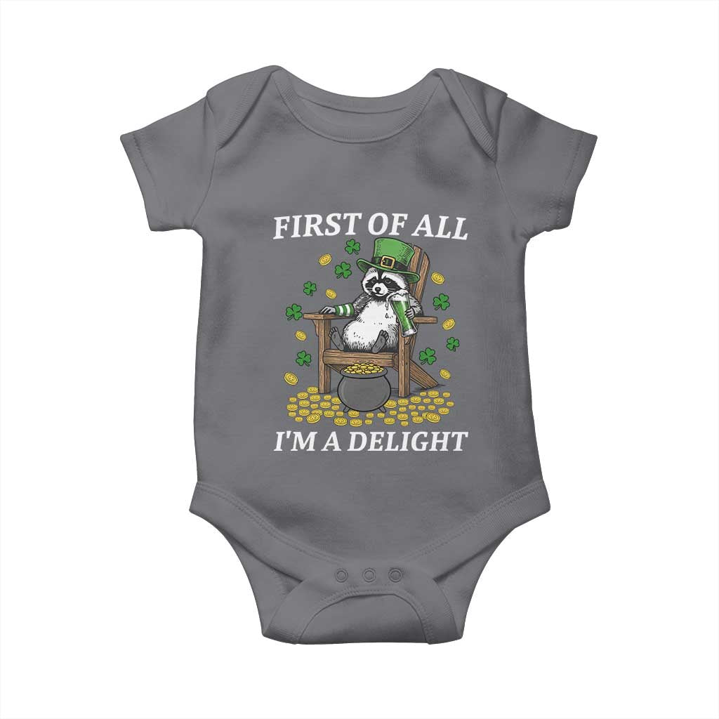 Funny St Patricks Day Raccoon Drinking Beer Baby Onesie First Of All I Am Delight TS14 Charcoal Print Your Wear