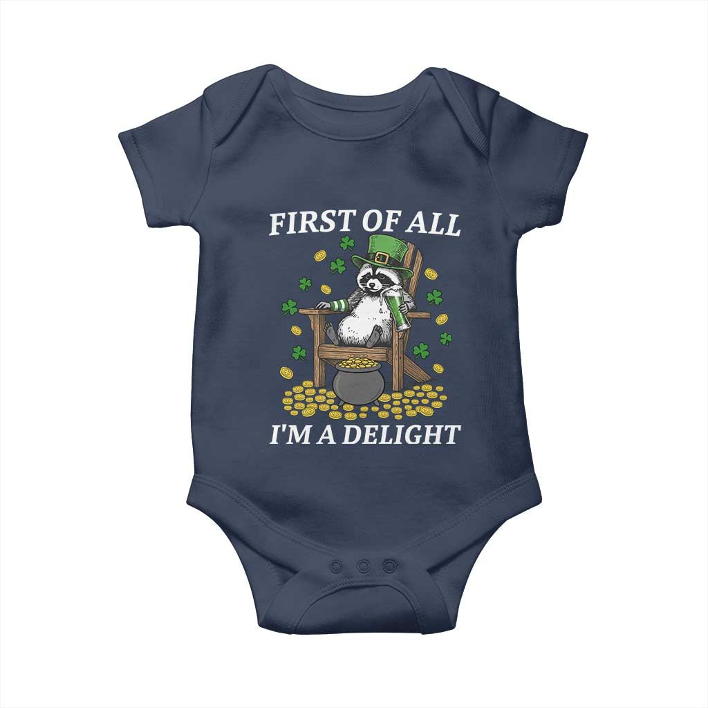 Funny St Patricks Day Raccoon Drinking Beer Baby Onesie First Of All I Am Delight TS14 Navy Print Your Wear