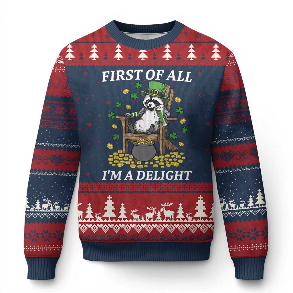 Funny St Patricks Day Raccoon Drinking Beer Ugly Christmas Sweater First Of All I Am Delight TS14 Navy Red Print Your Wear