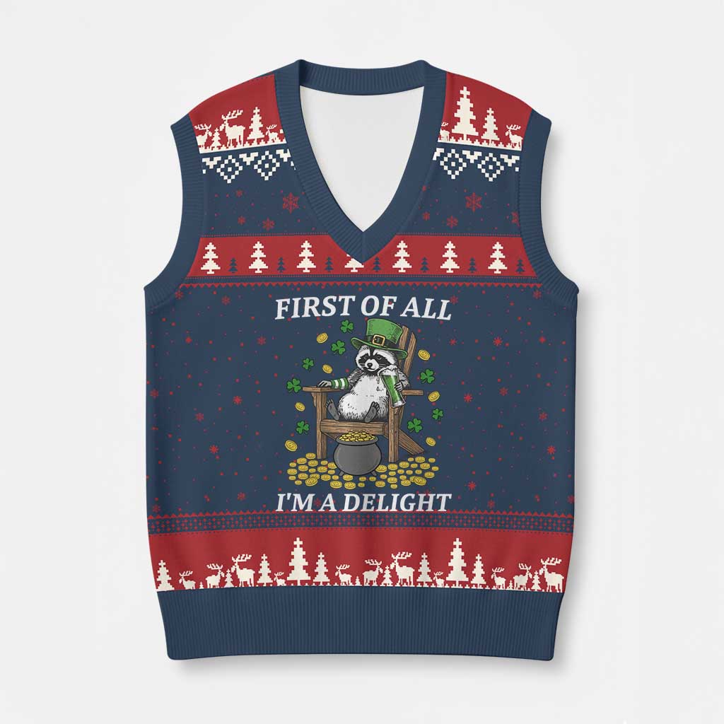 Funny St Patricks Day Raccoon Drinking Beer V-Neck Knit Sweater Vest First Of All I Am Delight TS14 Navy Red Print Your Wear