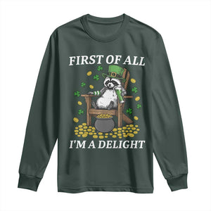 Funny St Patricks Day Raccoon Drinking Beer Long Sleeve Shirt First Of All I Am Delight TS14 Dark Forest Green Print Your Wear