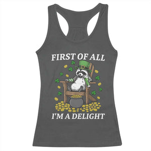 Funny St Patricks Day Raccoon Drinking Beer Racerback Tank Top First Of All I Am Delight TS14 Dark Heather Print Your Wear