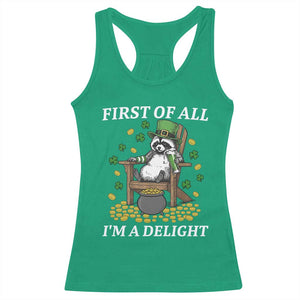 Funny St Patricks Day Raccoon Drinking Beer Racerback Tank Top First Of All I Am Delight TS14 Irish Green Print Your Wear