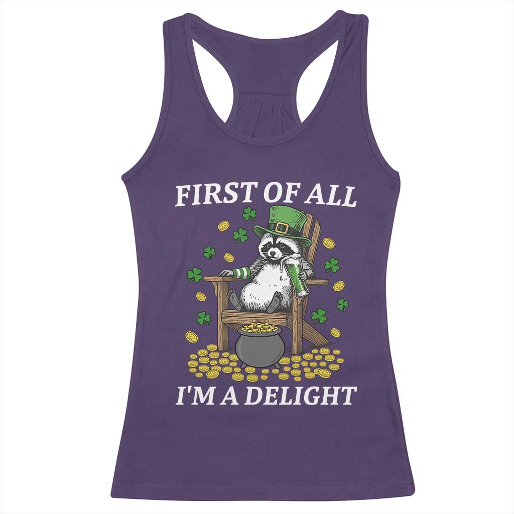 Funny St Patricks Day Raccoon Drinking Beer Racerback Tank Top First Of All I Am Delight TS14 Purple Print Your Wear