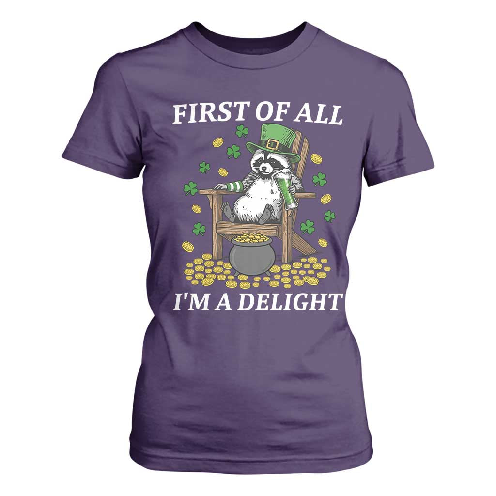 Funny St Patricks Day Raccoon Drinking Beer T Shirt For Women First Of All I Am Delight TS14 Purple Print Your Wear