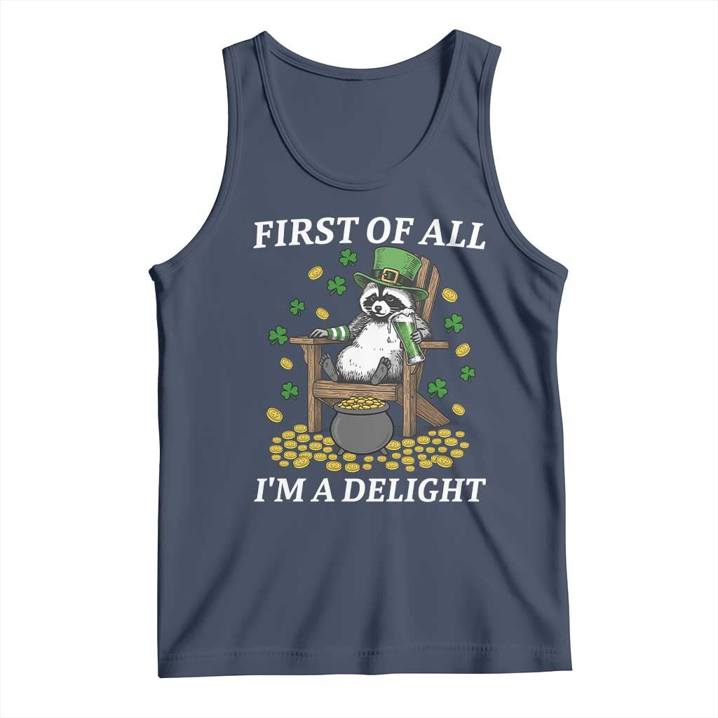 Funny St Patricks Day Raccoon Drinking Beer Tank Top First Of All I Am Delight TS14 Navy Print Your Wear