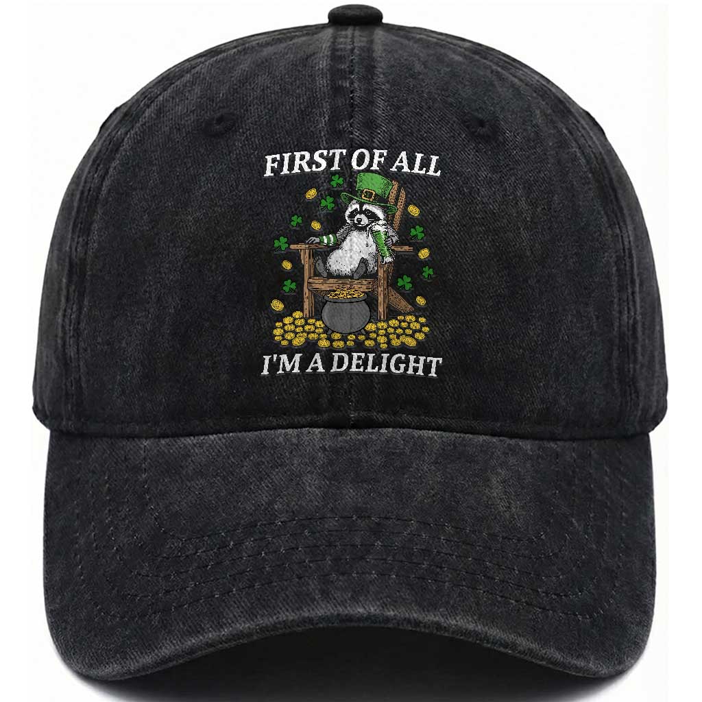 Funny St Patricks Day Raccoon Drinking Beer Washed Cotton Baseball Cap First Of All I Am Delight TS14 Washed Cap Universal Fit Black Print Your Wear