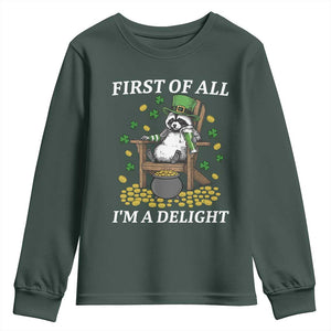 Funny St Patricks Day Raccoon Drinking Beer Youth Sweatshirt First Of All I Am Delight TS14 Dark Forest Green Print Your Wear