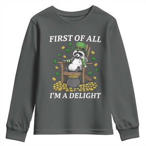 Funny St Patricks Day Raccoon Drinking Beer Youth Sweatshirt First Of All I Am Delight TS14 Dark Heather Print Your Wear