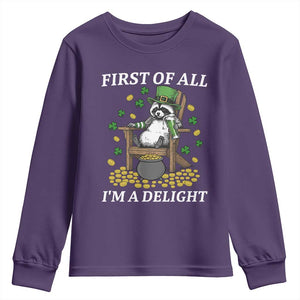 Funny St Patricks Day Raccoon Drinking Beer Youth Sweatshirt First Of All I Am Delight TS14 Purple Print Your Wear