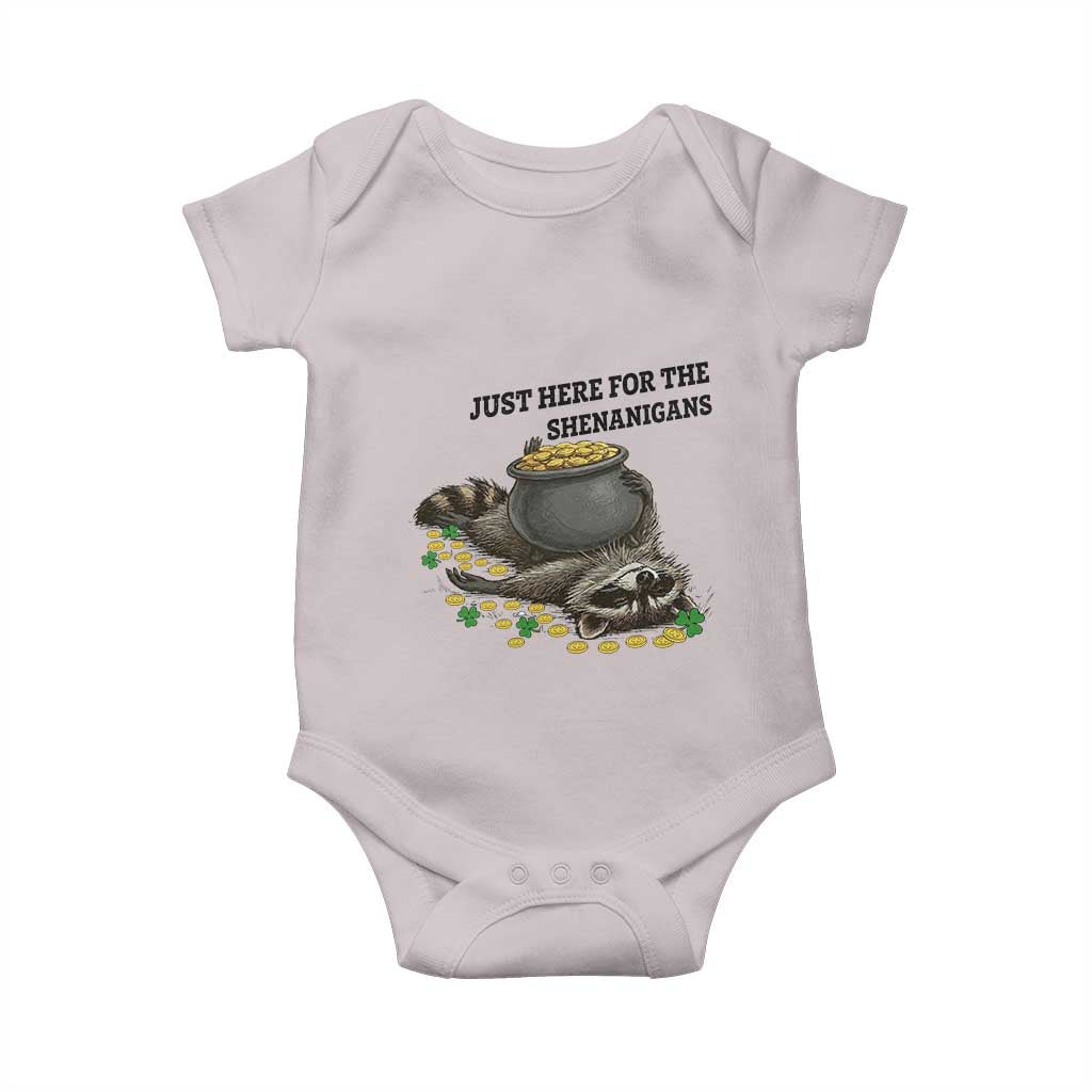 Funny Raccoon St Patricks Day Meme Baby Onesie Just Here For The Shenanigans TS14 Ice Gray Print Your Wear