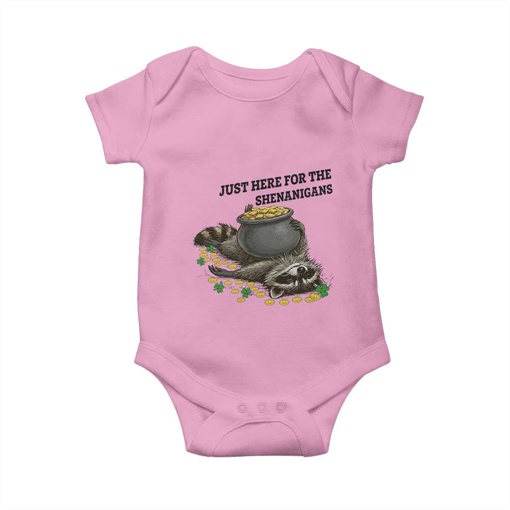 Funny Raccoon St Patricks Day Meme Baby Onesie Just Here For The Shenanigans TS14 Light Pink Print Your Wear