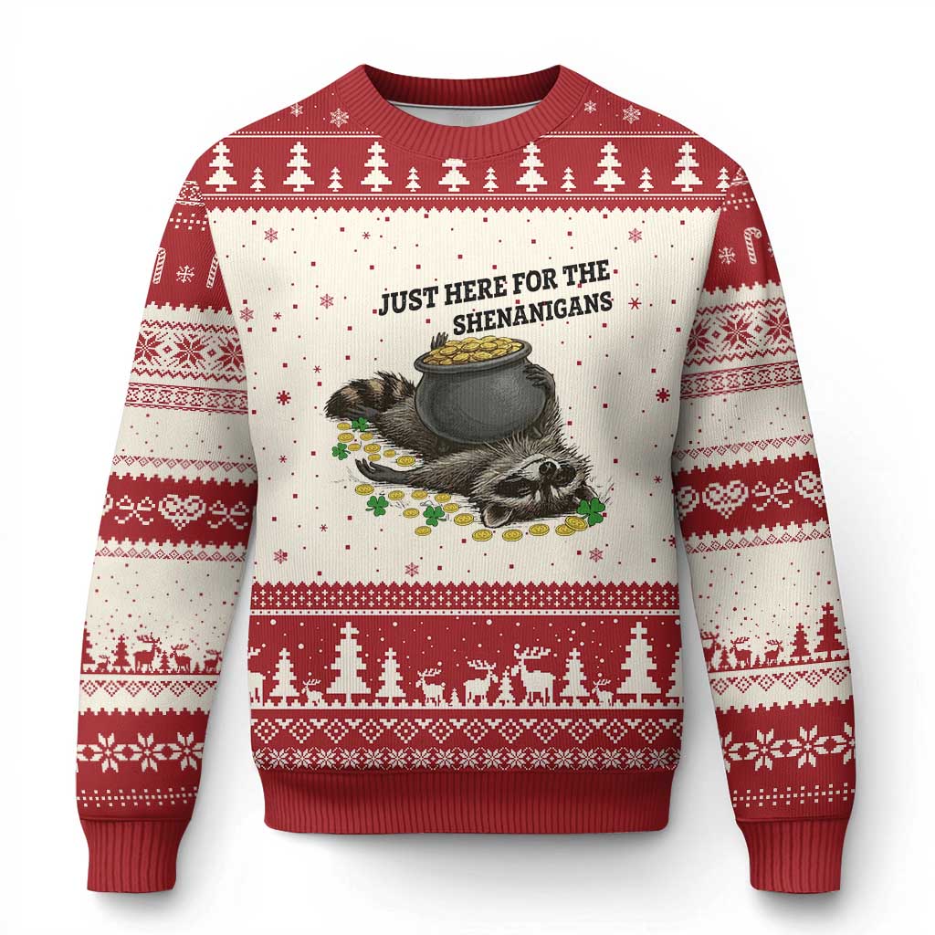Funny Raccoon St Patricks Day Meme Ugly Christmas Sweater Just Here For The Shenanigans TS14 Beige Red Print Your Wear