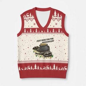 Funny Raccoon St Patricks Day Meme V-Neck Knit Sweater Vest Just Here For The Shenanigans TS14 Beige Red Print Your Wear