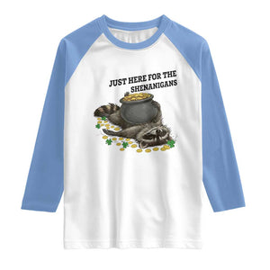 Funny Raccoon St Patricks Day Meme Raglan Shirt Just Here For The Shenanigans TS14 White Carolina Blue Print Your Wear