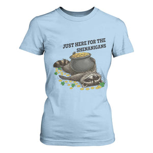 Funny Raccoon St Patricks Day Meme T Shirt For Women Just Here For The Shenanigans TS14 Light Blue Print Your Wear
