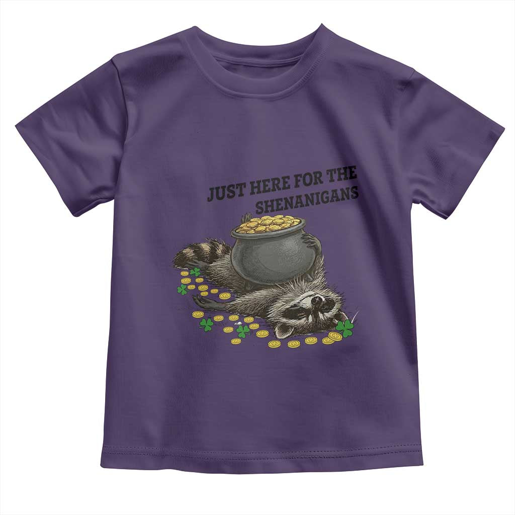 Funny Raccoon St Patricks Day Meme Toddler T Shirt Just Here For The Shenanigans TS14 Purple Print Your Wear