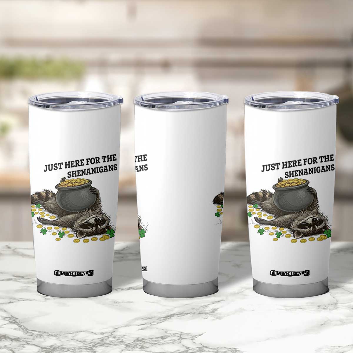Funny Raccoon St Patricks Day Meme Tumbler Cup Just Here For The Shenanigans TS14 Print Your Wear
