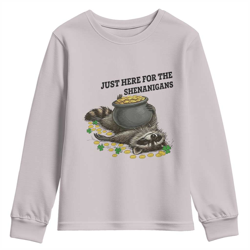 Funny Raccoon St Patricks Day Meme Youth Sweatshirt Just Here For The Shenanigans TS14 Ice Gray Print Your Wear