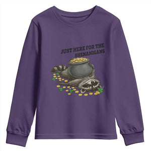 Funny Raccoon St Patricks Day Meme Youth Sweatshirt Just Here For The Shenanigans TS14 Purple Print Your Wear