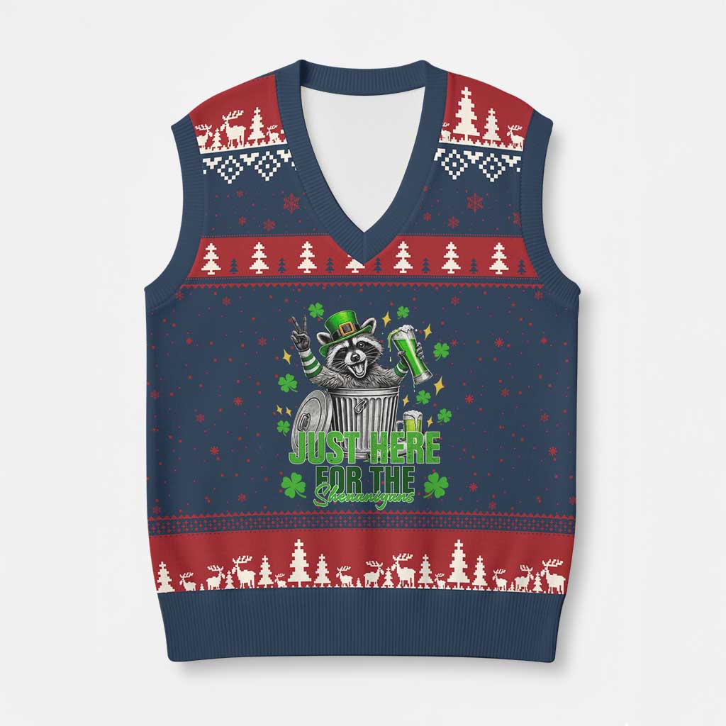 Funny Raccoon Drinking Beer St Patricks Day V-Neck Knit Sweater Vest Just Here For The Shenanigans TS14 Navy Red Print Your Wear