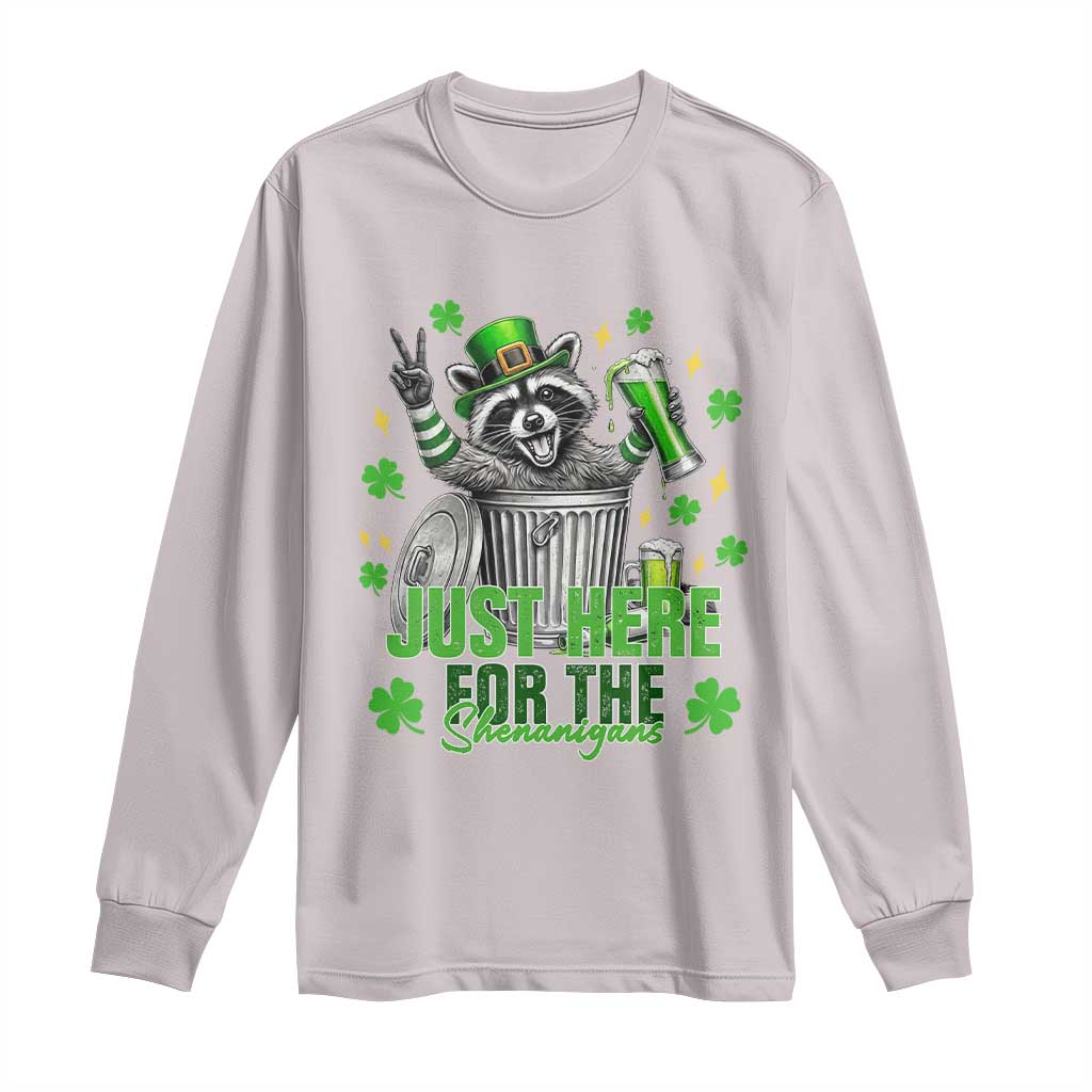 Funny Raccoon Drinking Beer St Patricks Day Long Sleeve Shirt Just Here For The Shenanigans TS14 Ice Gray Print Your Wear