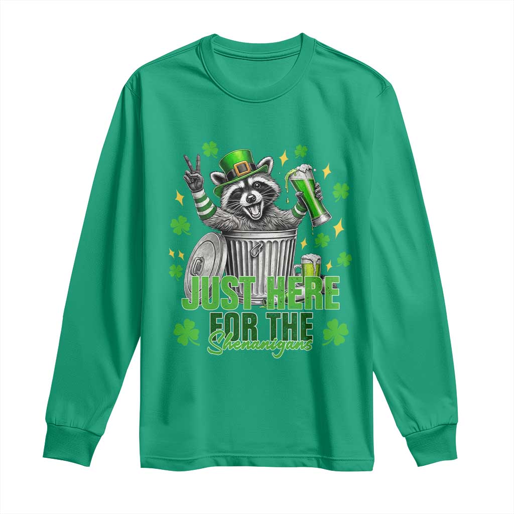 Funny Raccoon Drinking Beer St Patricks Day Long Sleeve Shirt Just Here For The Shenanigans TS14 Irish Green Print Your Wear