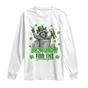 Funny Raccoon Drinking Beer St Patricks Day Long Sleeve Shirt Just Here For The Shenanigans TS14 White Print Your Wear