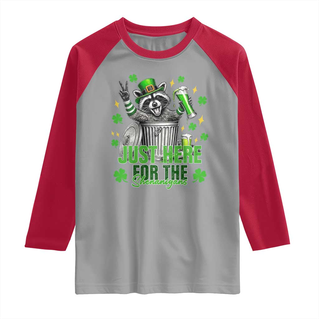 Funny Raccoon Drinking Beer St Patricks Day Raglan Shirt Just Here For The Shenanigans TS14 Sport Gray Red Print Your Wear