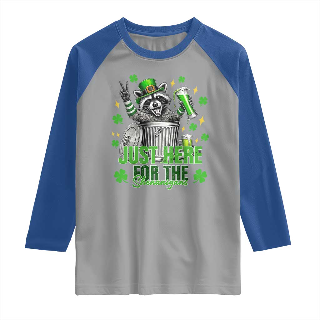 Funny Raccoon Drinking Beer St Patricks Day Raglan Shirt Just Here For The Shenanigans TS14 Sport Gray Royal Print Your Wear