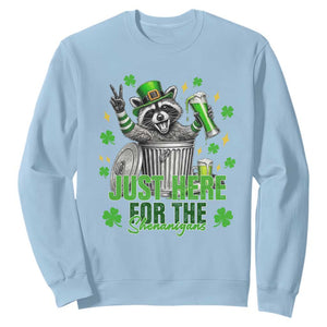 Funny Raccoon Drinking Beer St Patricks Day Sweatshirt Just Here For The Shenanigans TS14 Light Blue Print Your Wear