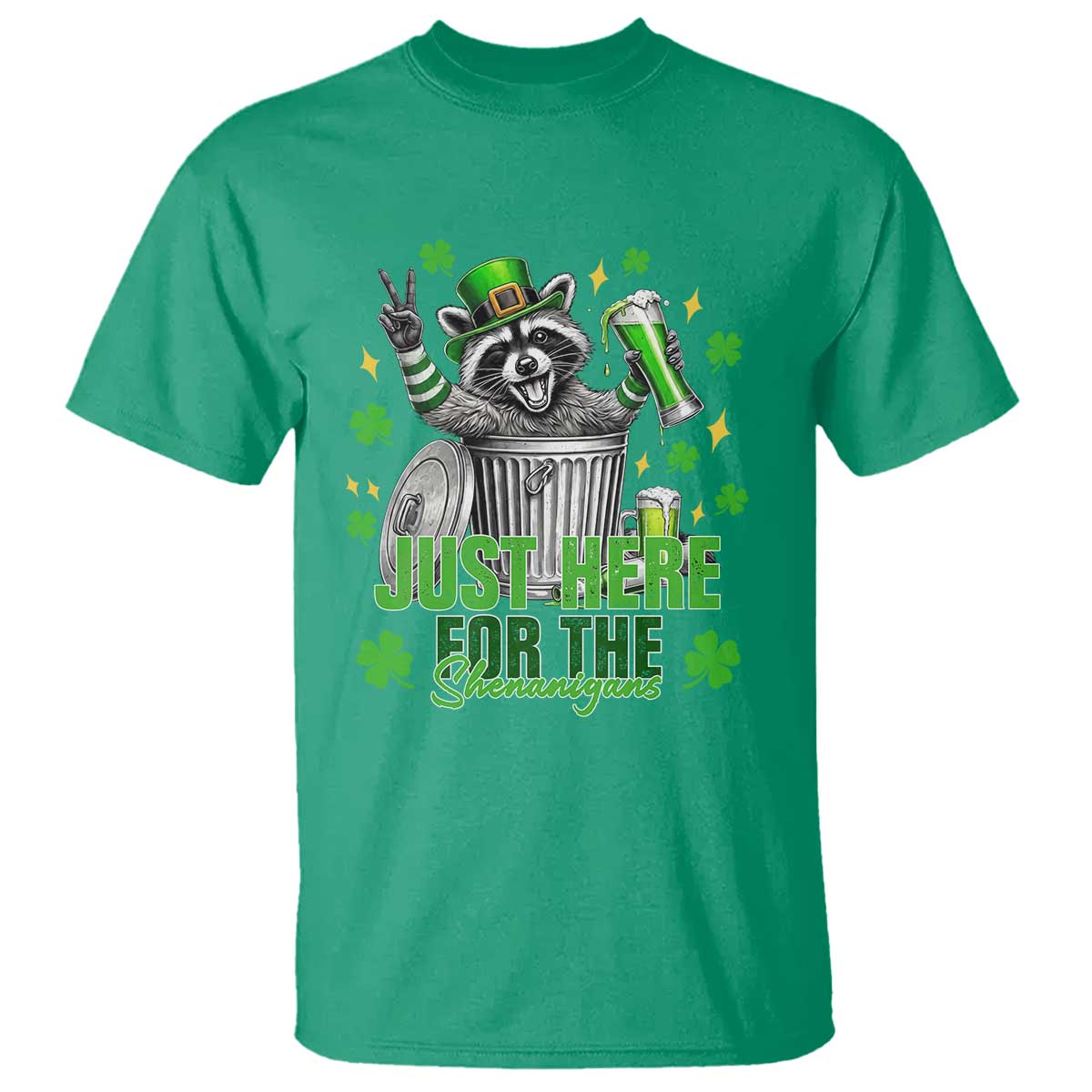 Funny Raccoon Drinking Beer St Patricks Day T Shirt Just Here For The Shenanigans TS14 Irish Green Print Your Wear