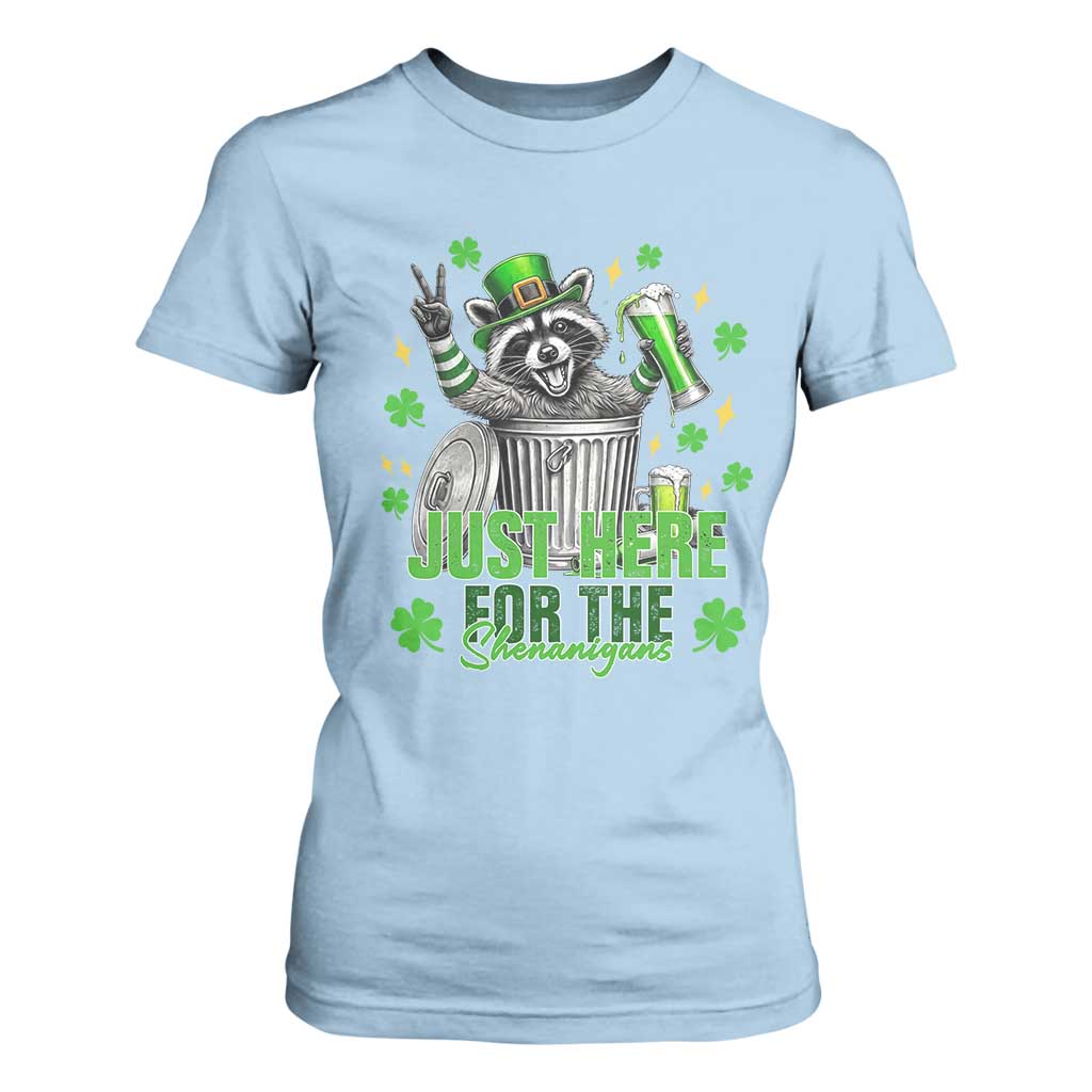 Funny Raccoon Drinking Beer St Patricks Day T Shirt For Women Just Here For The Shenanigans TS14 Light Blue Print Your Wear