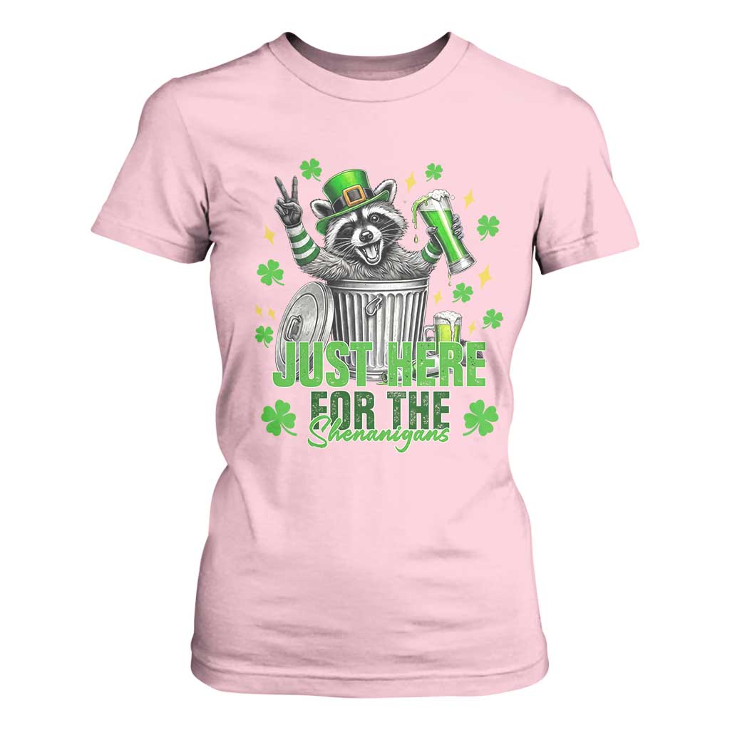 Funny Raccoon Drinking Beer St Patricks Day T Shirt For Women Just Here For The Shenanigans TS14 Light Pink Print Your Wear