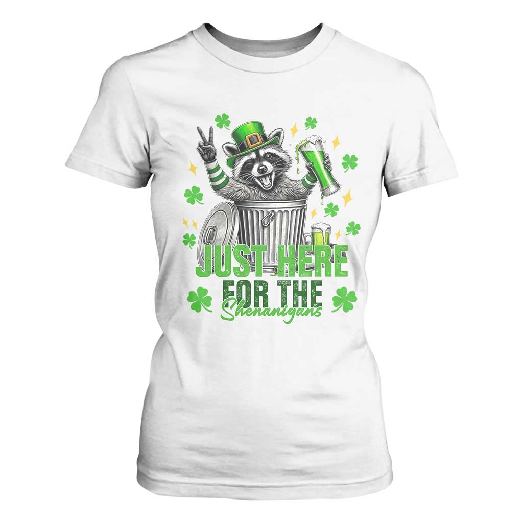 Funny Raccoon Drinking Beer St Patricks Day T Shirt For Women Just Here For The Shenanigans TS14 White Print Your Wear