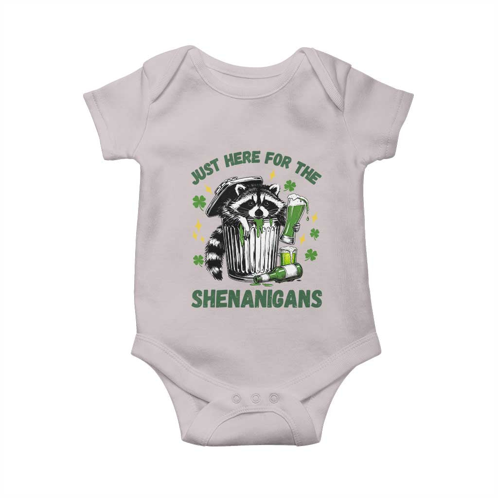 Funny Raccoon St Patricks Day Meme Baby Onesie Trash Panda Just Here For The Shenanigans TS14 Ice Gray Print Your Wear