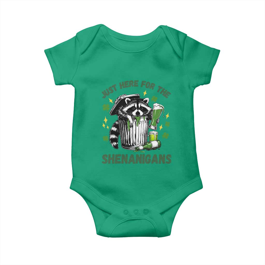 Funny Raccoon St Patricks Day Meme Baby Onesie Trash Panda Just Here For The Shenanigans TS14 Irish Green Print Your Wear