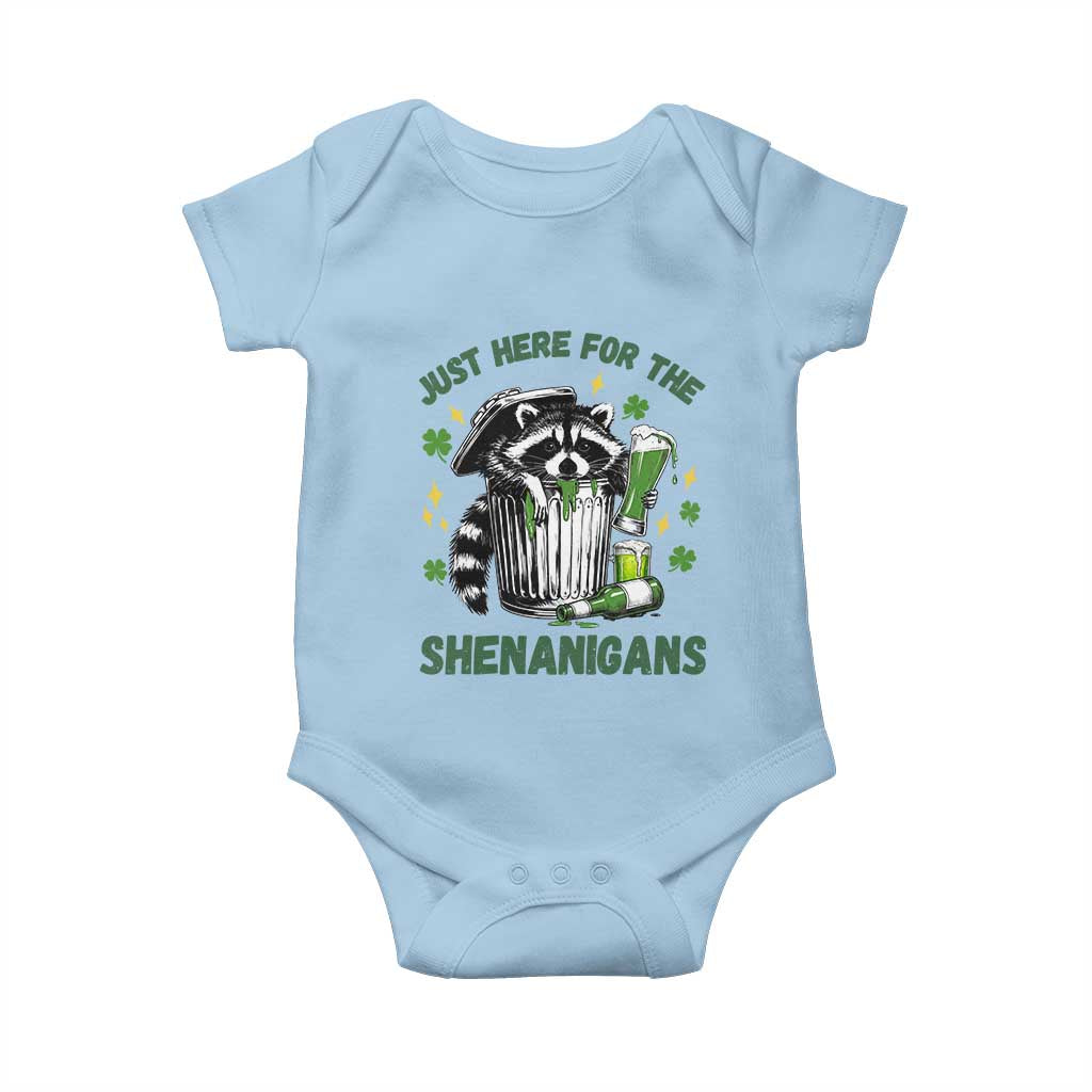 Funny Raccoon St Patricks Day Meme Baby Onesie Trash Panda Just Here For The Shenanigans TS14 Light Blue Print Your Wear