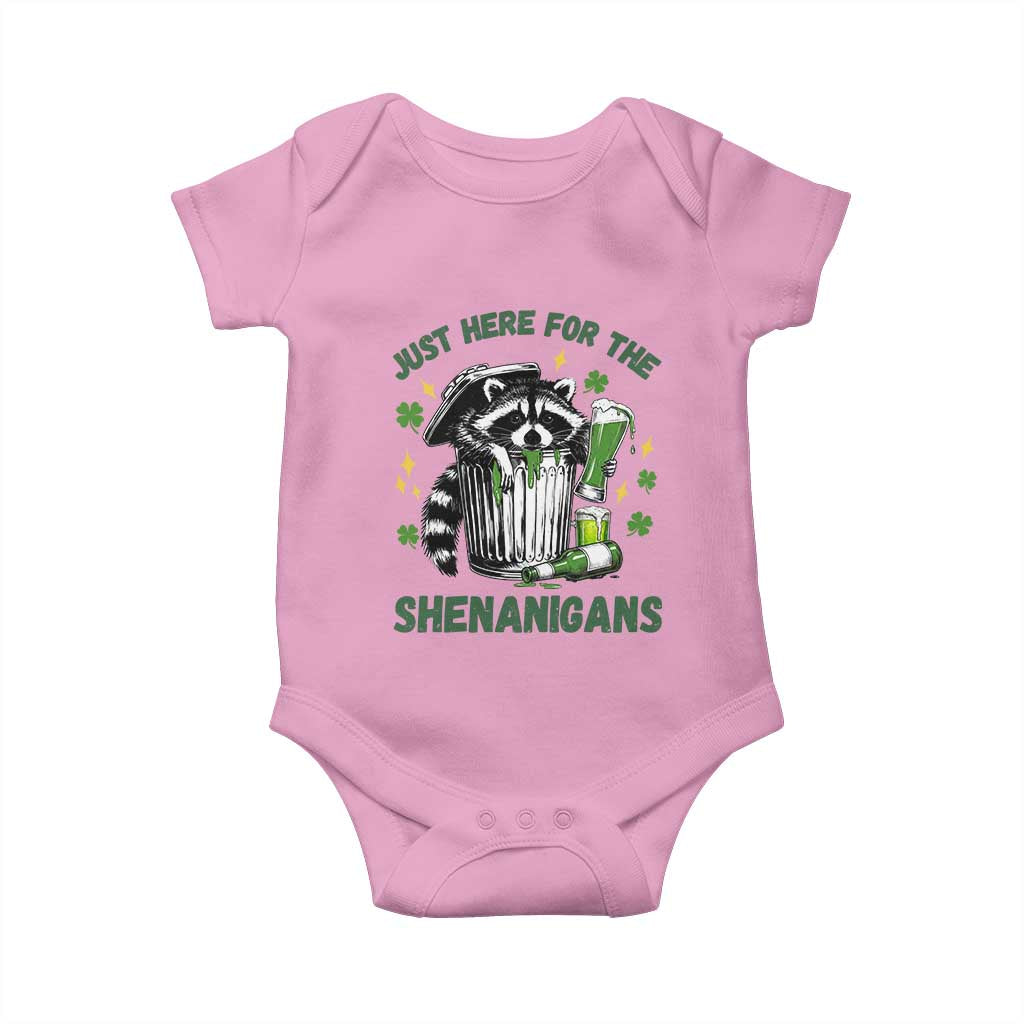 Funny Raccoon St Patricks Day Meme Baby Onesie Trash Panda Just Here For The Shenanigans TS14 Light Pink Print Your Wear