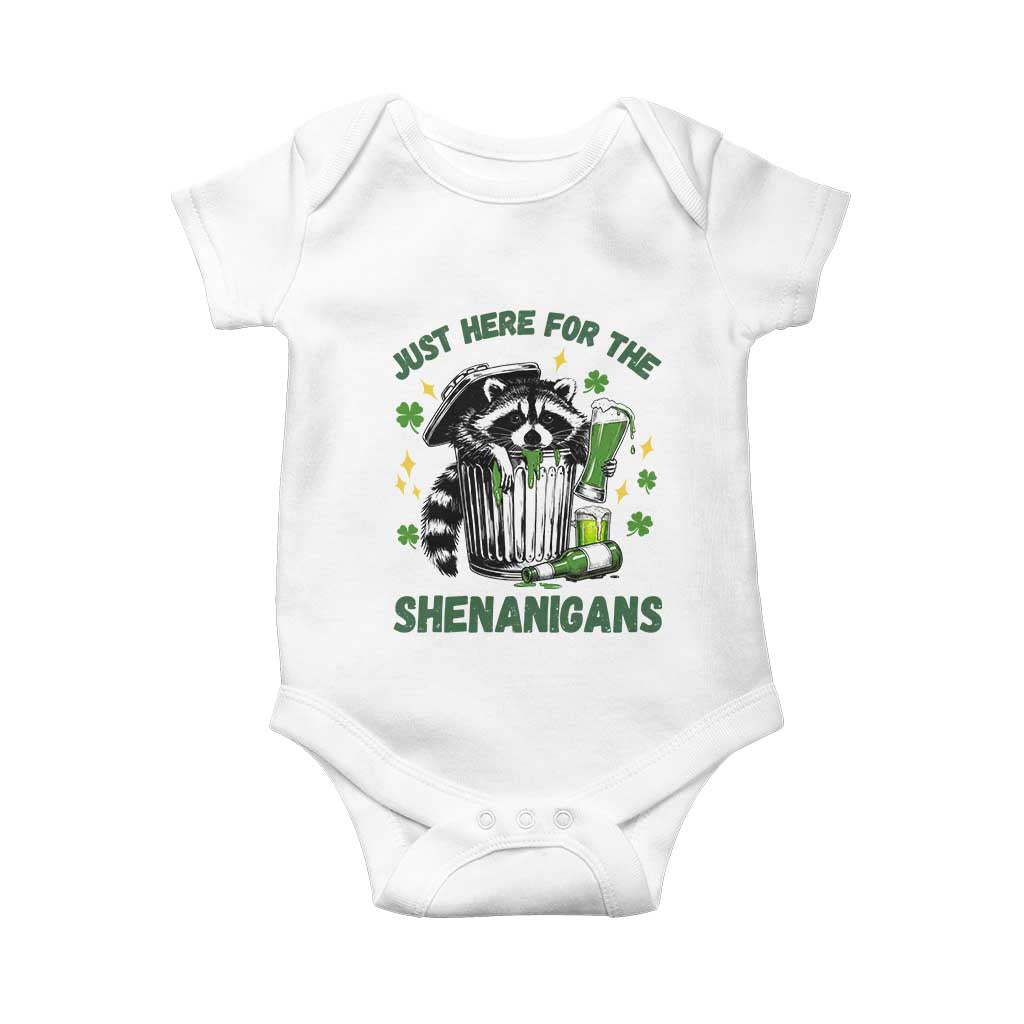 Funny Raccoon St Patricks Day Meme Baby Onesie Trash Panda Just Here For The Shenanigans TS14 White Print Your Wear