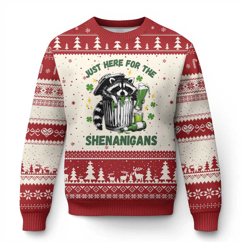 Funny Raccoon St Patricks Day Meme Ugly Christmas Sweater Trash Panda Just Here For The Shenanigans TS14 Beige Red Print Your Wear