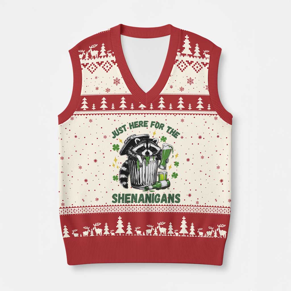 Funny Raccoon St Patricks Day Meme V-Neck Knit Sweater Vest Trash Panda Just Here For The Shenanigans TS14 Beige Red Print Your Wear