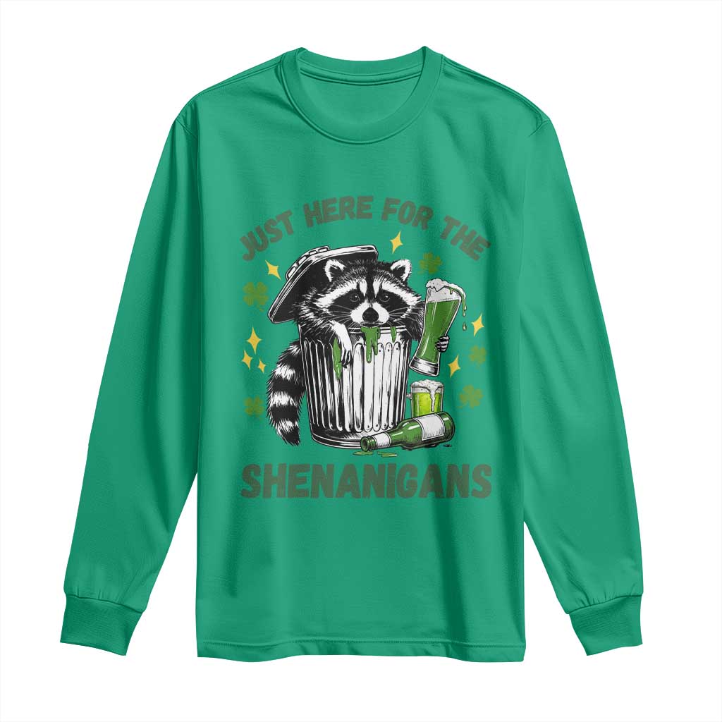 Funny Raccoon St Patricks Day Meme Long Sleeve Shirt Trash Panda Just Here For The Shenanigans TS14 Irish Green Print Your Wear