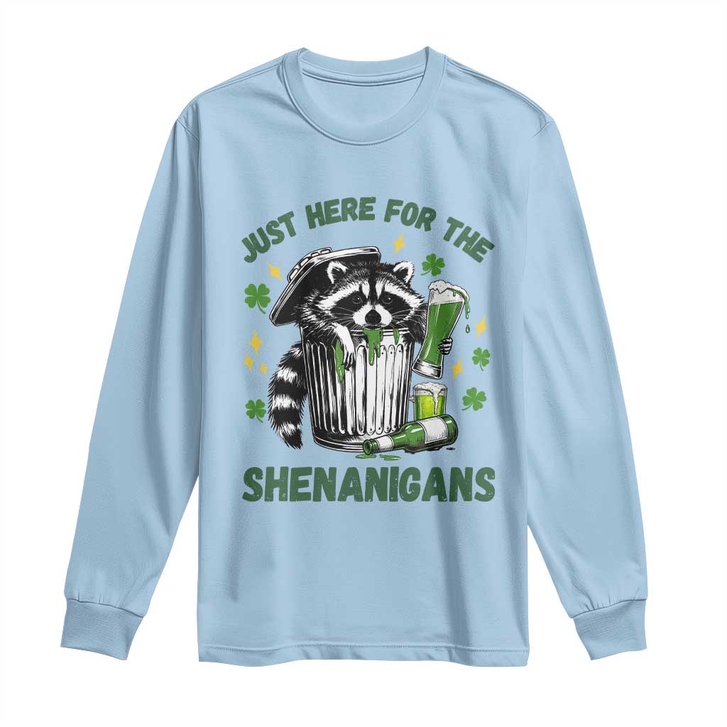 Funny Raccoon St Patricks Day Meme Long Sleeve Shirt Trash Panda Just Here For The Shenanigans TS14 Light Blue Print Your Wear