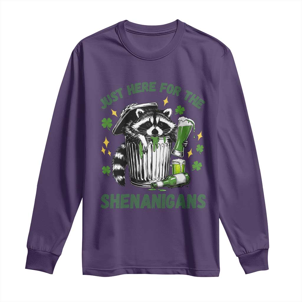 Funny Raccoon St Patricks Day Meme Long Sleeve Shirt Trash Panda Just Here For The Shenanigans TS14 Purple Print Your Wear