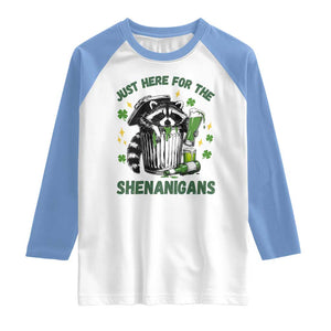 Funny Raccoon St Patricks Day Meme Raglan Shirt Trash Panda Just Here For The Shenanigans TS14 White Carolina Blue Print Your Wear
